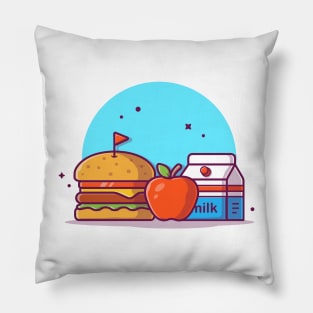 Burger with Milk, Flag, and Apple Fruit Cartoon Vector Icon Illustration Pillow