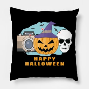 Happy Photography Halloween - Spooky Skull, Pumpkin & Camera Pillow