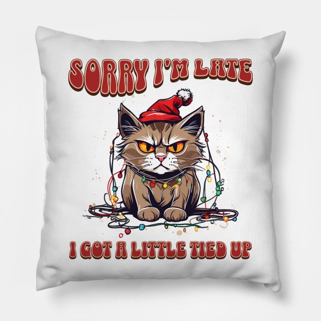 Funny Christmas Cat Tangled in Lights Wearing Santa Hat Pillow by TheCloakedOak