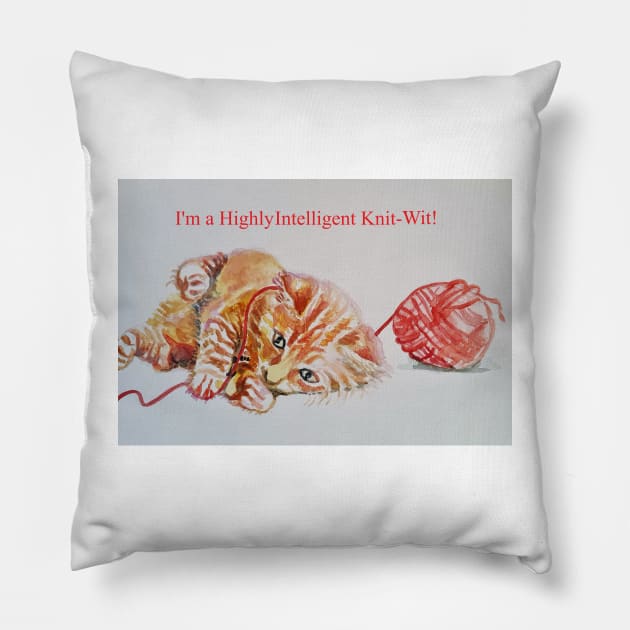 Tabby Cat "I'm An Intelligent Knit-Wit!" - Funny Knitting Design Pillow by SarahRajkotwala