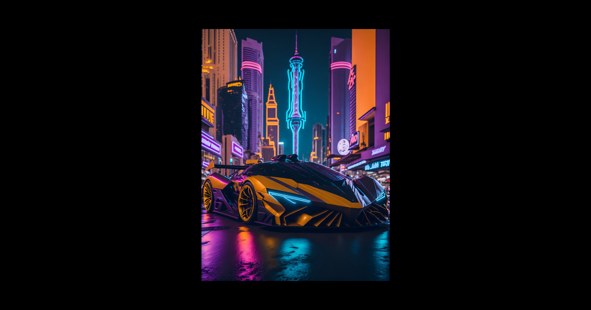 Dark Neon Sports Car in Japanese Neon City - Sports Car Racing - Magnet ...