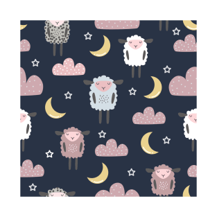 Sweet sleeping sheep pattern dark navy T-Shirt