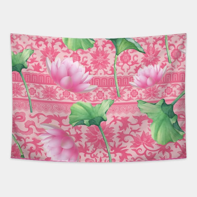 Hong Kong Lotus Pink and Green with Floral Pastel Pink Pattern Tapestry by CRAFTY BITCH