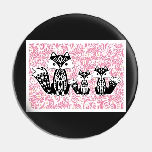 Linoprint Vixen with Cubs Floral Background Pin