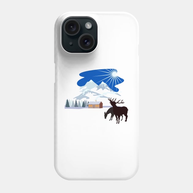 House in Winter Snow Mountains Deer Silhouette Phone Case by retrovectors