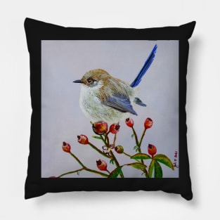 Little Wren on Rose Bush Pillow