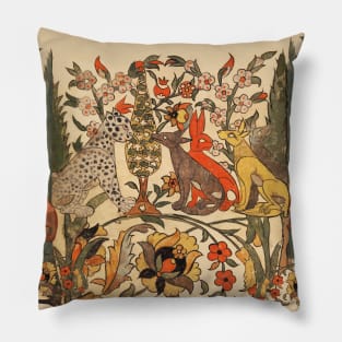 FOREST ANIMALS ,LEOPARD, JACKALS, RABBITS AMONG FLOWERS AND LEAVES Pillow