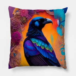 Floral Design with Flowers - Raven Crow Black Birds Pillow