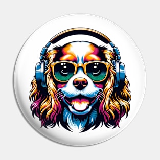 English Toy Spaniel Smiling DJ with Groovy Vibes Pin