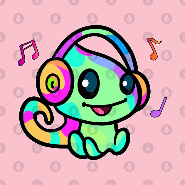 Happy smiling baby chameleon with headphones. Kawaii cartoon by SPJE Illustration Photography