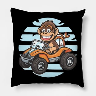 A carefree monkey joyfully driving a beach-themed dune buggy Pillow