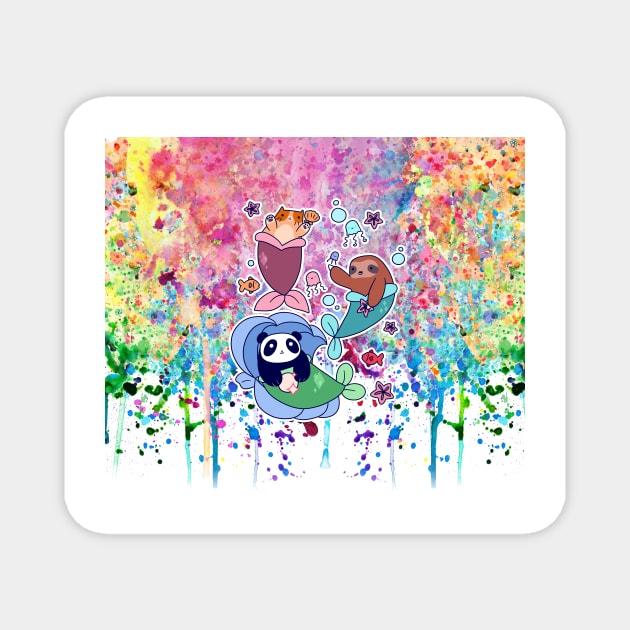 Mermaid Cat Sloth and Panda - Rainbow Paint Magnet by saradaboru