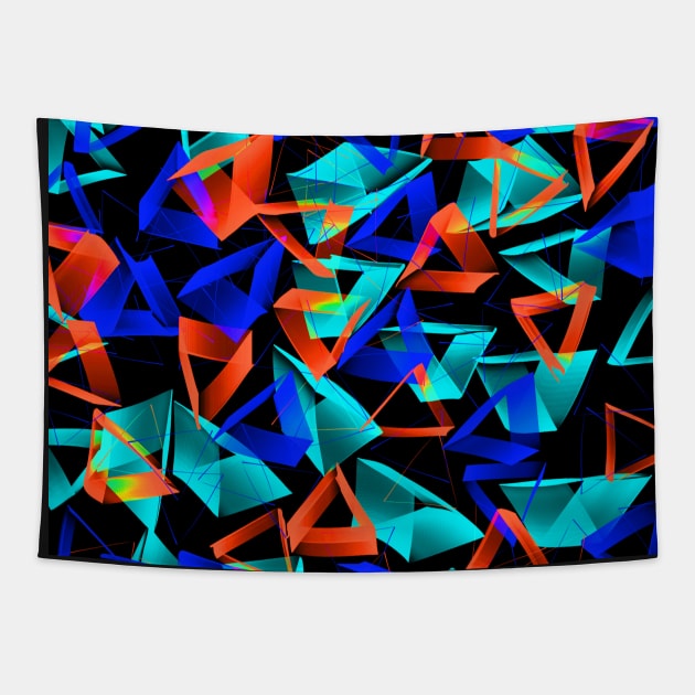 3D Blue Aqua and Orange Triangles on Black Abstract Tapestry by Klssaginaw