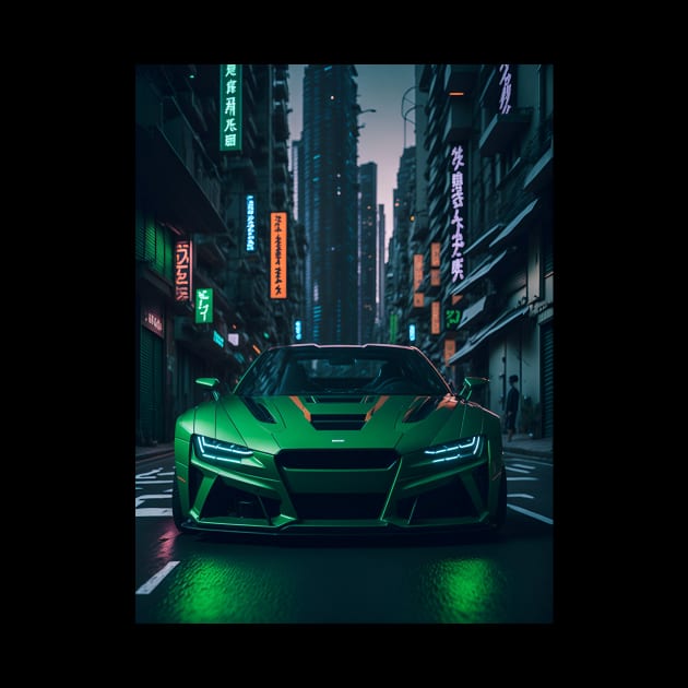 Dark Green Sports Car in Japanese Neon City by star trek fanart and more