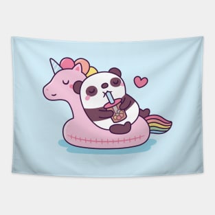 Cute Panda Enjoying Bubble Tea on Unicorn Pool Float Tapestry