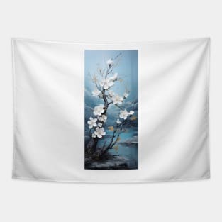 Landscape art of a tree blossoming with white flowers Tapestry
