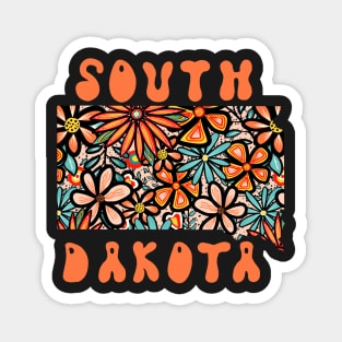 South Dakota State Design | Artist Designed Illustration Featuring South Dakota State Filled With Retro Flowers with Retro Hand-Lettering Magnet