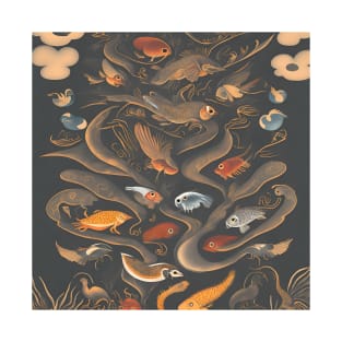 Metamorphosis Skies: A Surreal Landscape of Birds, Fish, and Reptiles in Transformation T-Shirt