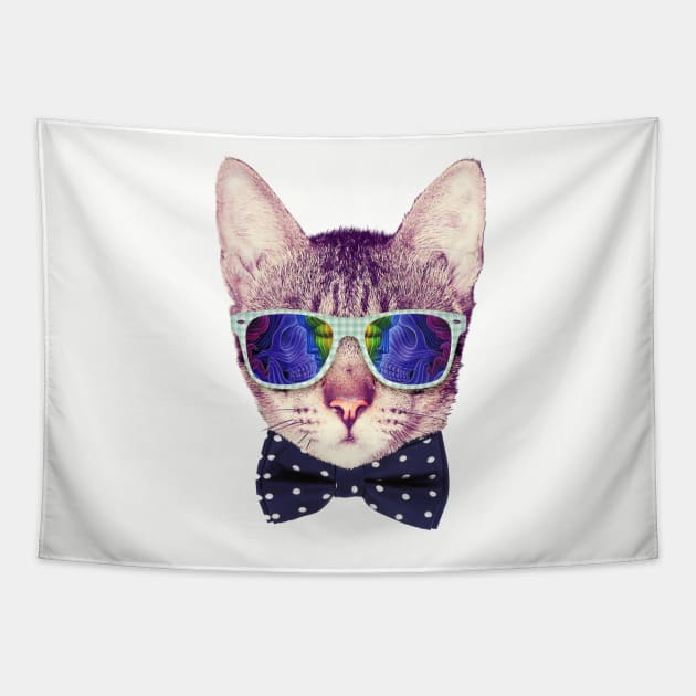 Hipster Cat with Glasses and Bow Tie Sticker Tapestry by mullian