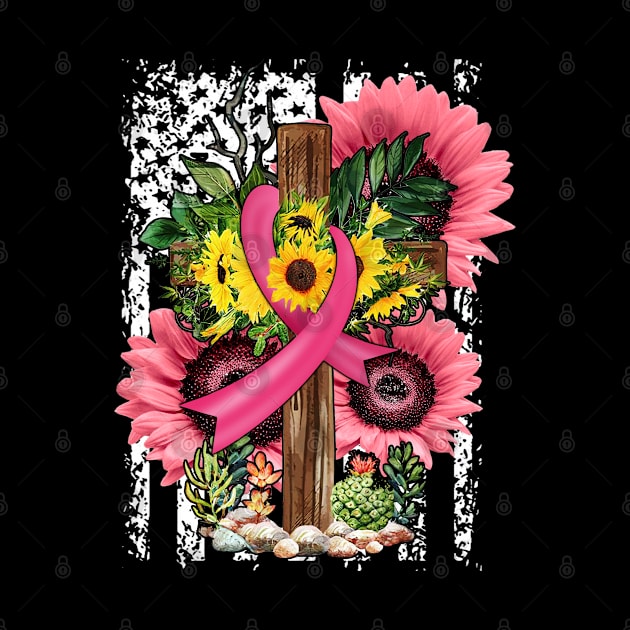 Christian Cross Pink Ribbon Sunflower Breast Cancer Warrior by waterbrookpanders