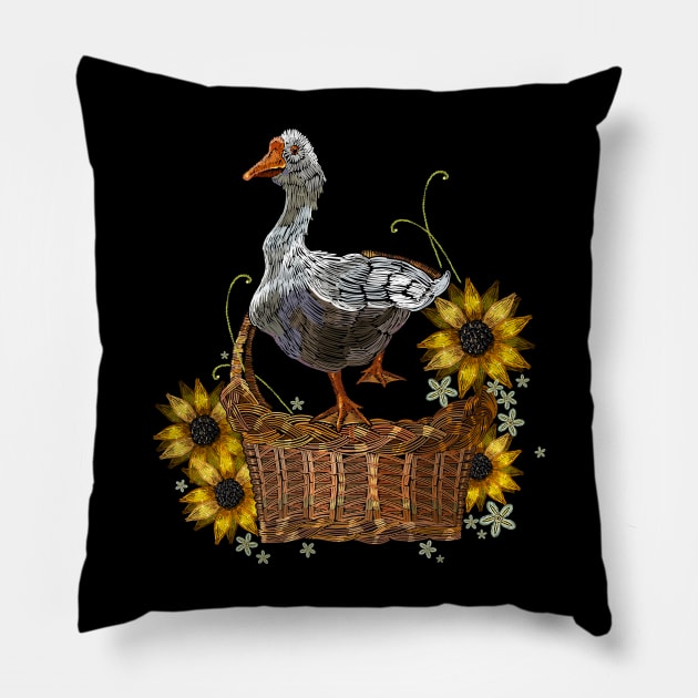 goose wicker basket embroider Pillow by Mako Design 