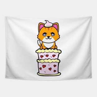 Funny orange cat jumping out of a cake Tapestry