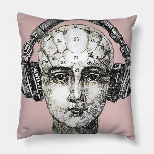 Phrenology head with headphones. Pillow by FanitsaArt