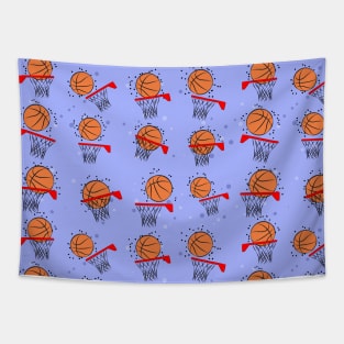 Basketball - Ball and Hoop Pattern on Blue Background Tapestry