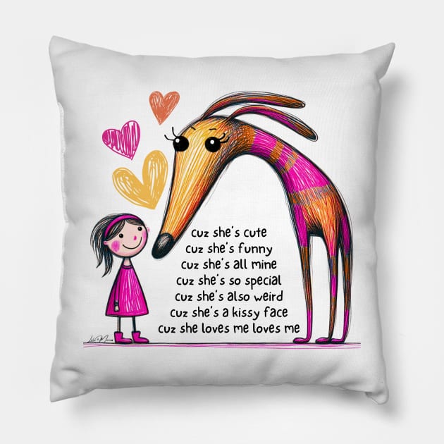 Greyhound Dog and Girl Cute Scribble Pillow by Greyhounds Are Greyt