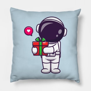 Cute Astronaut Holding Gift Box Cartoon Pillow