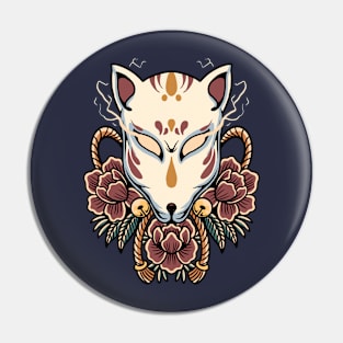 Vintage Kitsune Fox Mask with Roses Pin