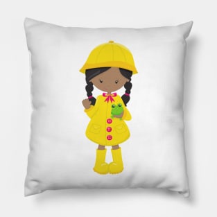 African American Girl, Raincoat, Rain, Boots, Frog Pillow