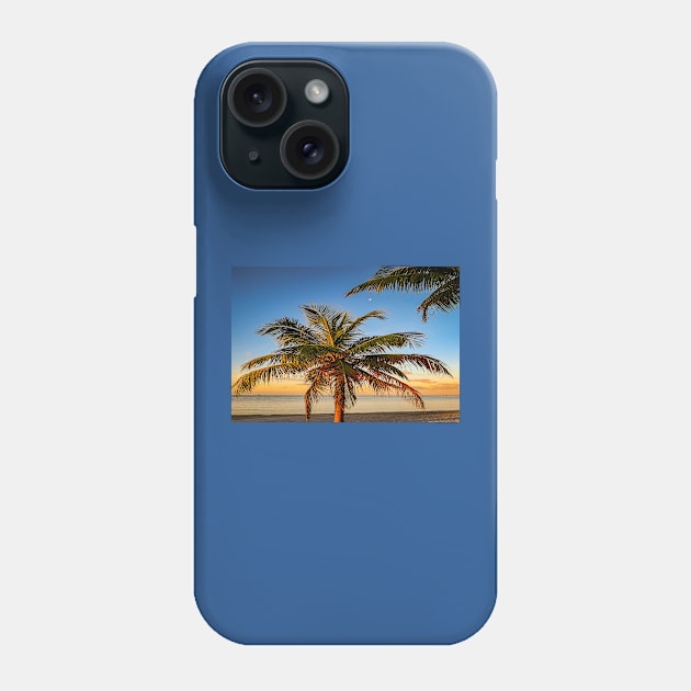 Tropical Sunrise with Palm Tree and the moon in Key West Florida Phone Case by Ckauzmann