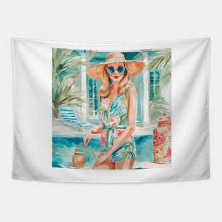 Girl in preppy outfit near the swimming pool Tapestry