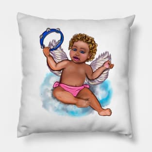 Curly haired Angel playing the tambourine on a cloud- blissful Sun kissed curly haired Baby cherub angel classical art Pillow