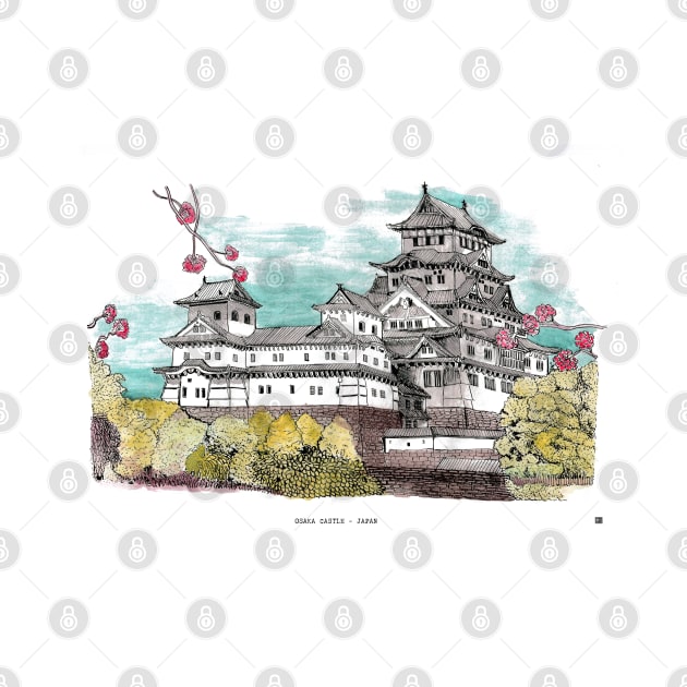 Osaka Castle Japan Color Illustration by Wall-Art-Sketch