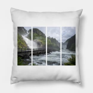 Wonderful landscapes in Norway. Vestland. Beautiful scenery of Latefossen waterfall under the Lotevatnet lake on the Hardanger scenic route. Mountains, trees in background. Cloudy day Pillow