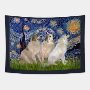 Starry Night Adapted to Include Three Great Pyrenees Dogs Tapestry