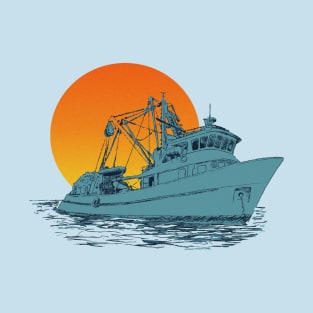 hand drawing fishing boat retro sunset T-Shirt
