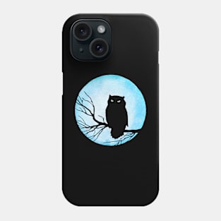 Scary Vintage Owl and Silver Blue Watercolor Moon Phone Case