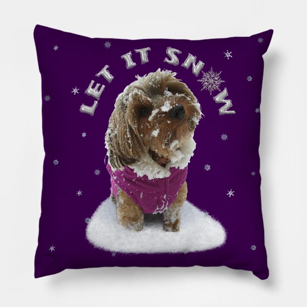 Let it Snow Yorkshire Terrier Dog, Yorkie, in a Coat with Snowflakes Pillow by Deez Pixel Studio