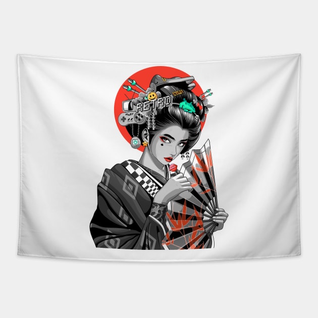 Retro Game Geisha Tapestry by Heymoonly