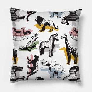 Safari geo animal // pattern // non directional design white background mustard yellow sage green pastel blue blush pink and grey safari animals shadows Pillow