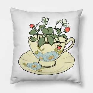 cottagecore strawberry plant growing in a floral pastel tea cup Pillow