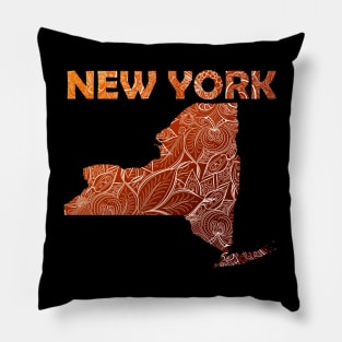 Colorful mandala art map of New York with text in brown and orange Pillow