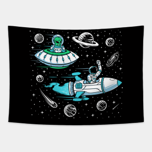 Space Race with Astronaut in Rocket and Alien in UFO Tapestry