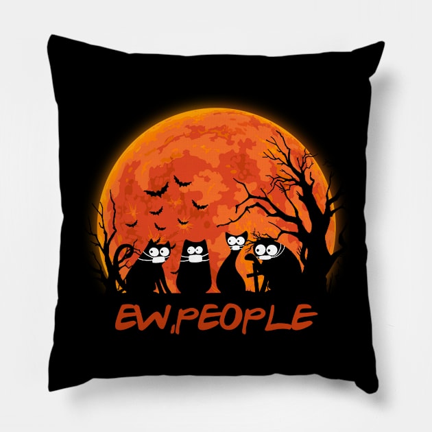 Black cat ew people red moon tshirt halloween costume gift t-shirt Pillow by American Woman