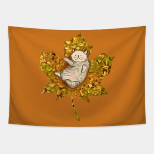 Little Cat Playing on the Leaves - Maple Leaf Version Tapestry