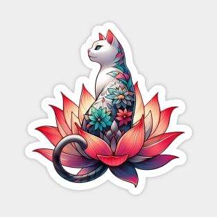 White cat with flower tattoo in lotus Magnet