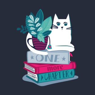 One more chapter // spot // navy background white cat striped mug with plants pink teal and blue books with quote T-Shirt